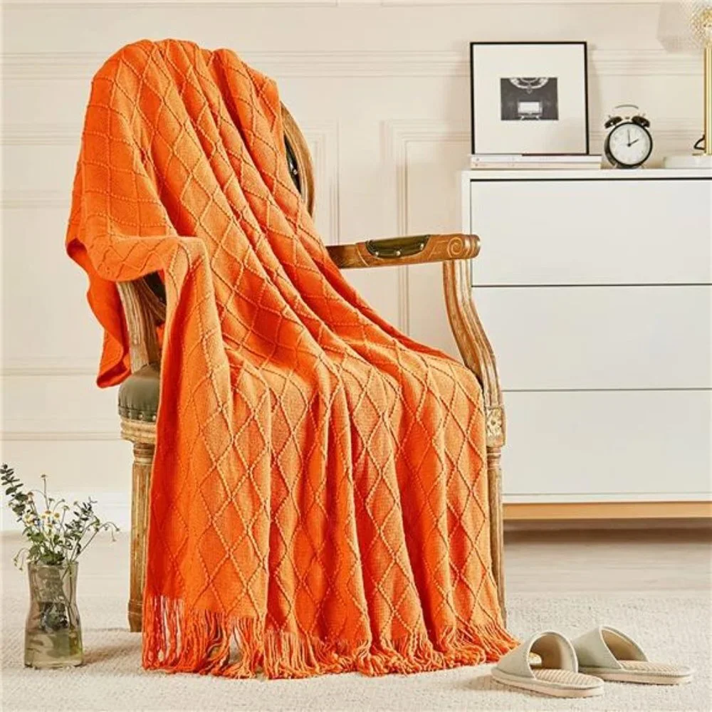 Decorative Knitted Throw Blankets Soft Cozy Blanket with Tassel, Burnt Orange
